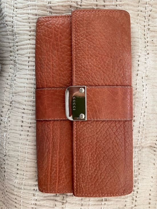 Gucci Handbags - Gucci Tan/Brown Textured Leather Long Wallet with Silver Plaque